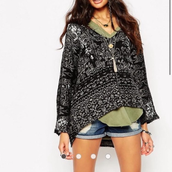 Free People *Ivory/Green Raggy Fairisle Boho Hooded Sweater - Picture 7 of 12